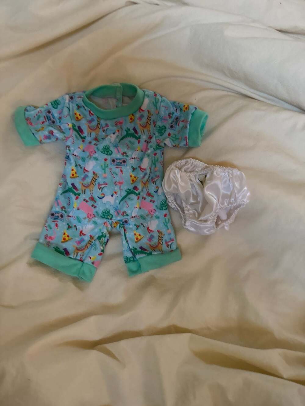 Build-A-Bear Llama Unicorn Pizza Print Pajama Romper and White Satin Bloomers